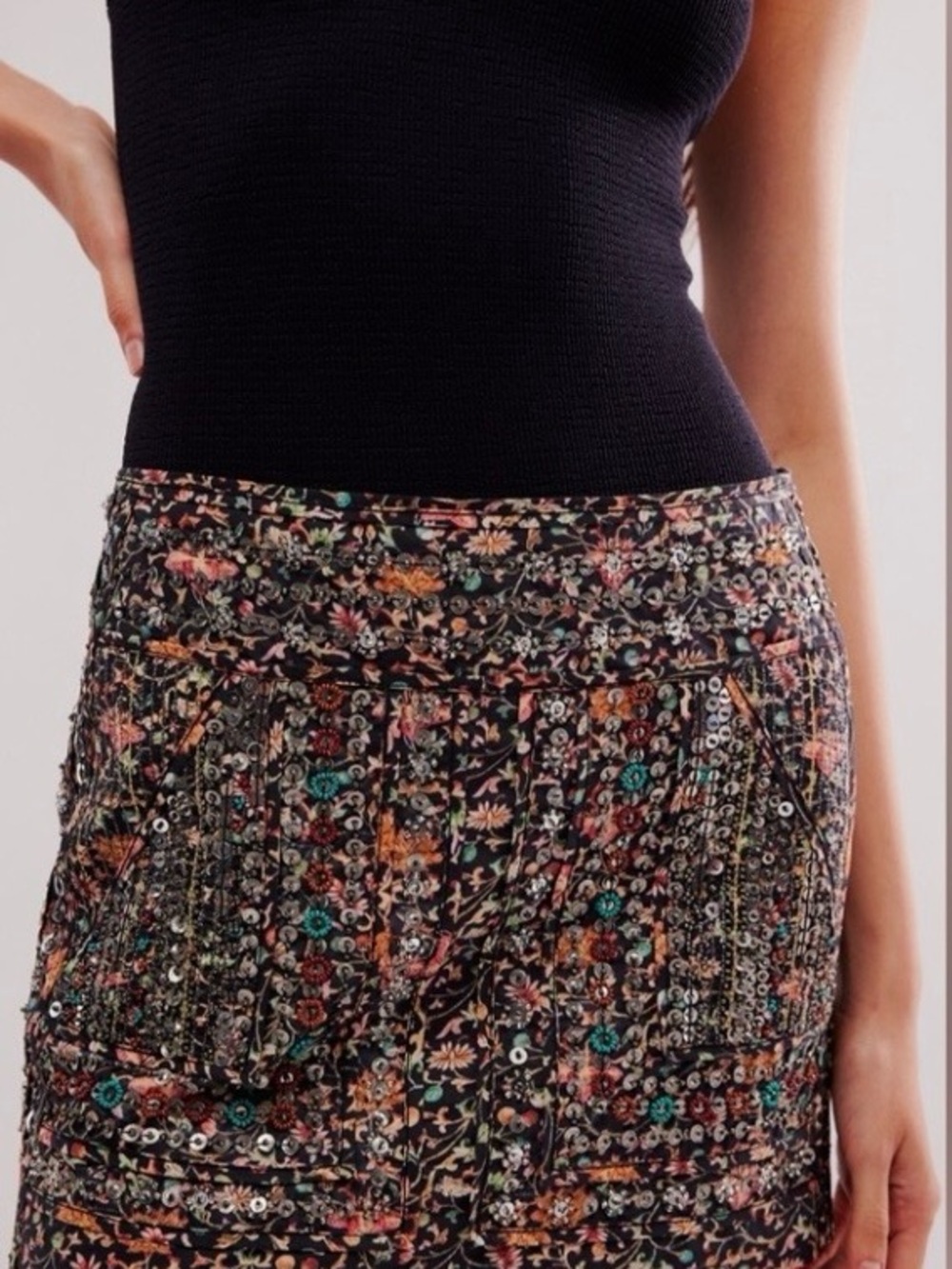 Floral Embellished Black Mini Skirt Free People